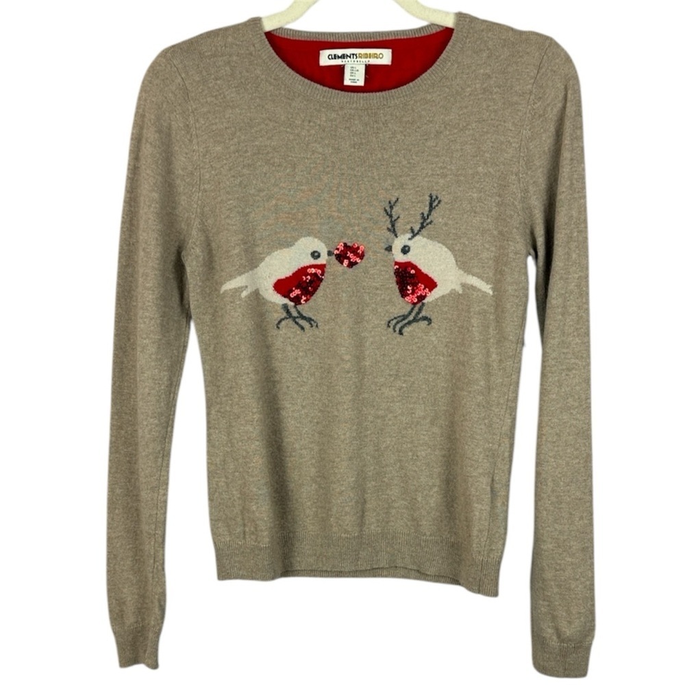 Clements Ribeiro Lambswool Cashmere Blend Beige Crewneck Sequin Robin Sweater